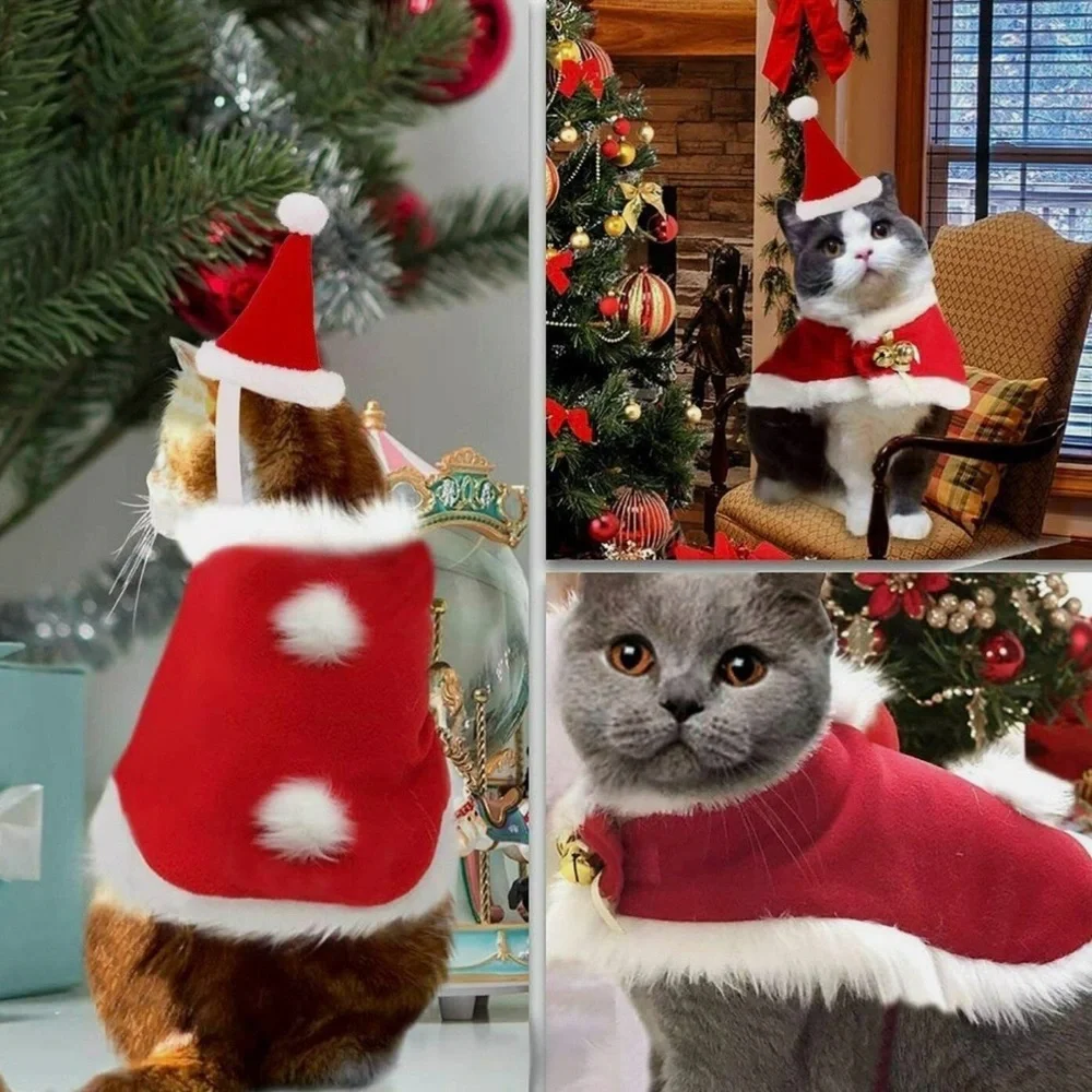 Cat Christmas Costume Adjustable Cute Santa Pet Cape Cat Santa Clothes with Bell